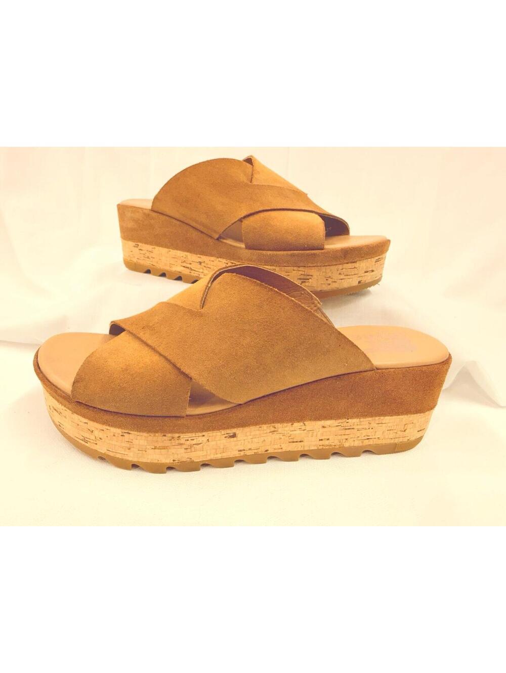 SOREL Cameron Flatform Tan Suede Leather Cork Sole Platform Slide Sandals SZ 7.5